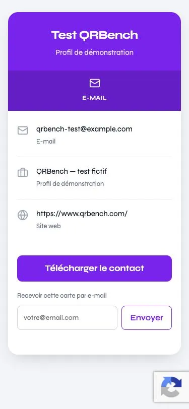 Public test vCard with fictional contact information at a 375px viewport