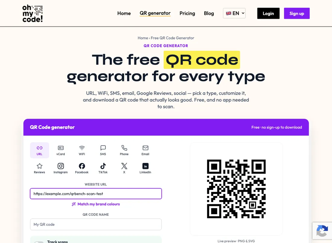 Oh My Code's free QR generator on August 7, 2026, with our test URL entered and a live preview, labeled free with no sign-up to download